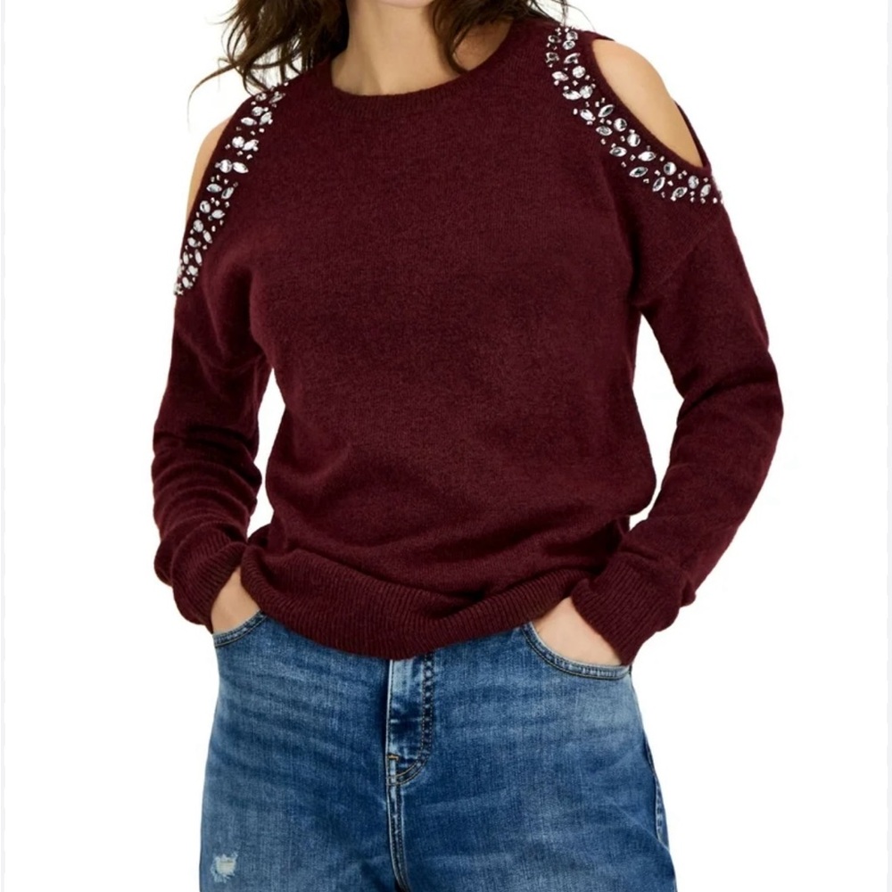 NWT INC Jewel-Studded Cold-Shoulder Sweater with rhinestones